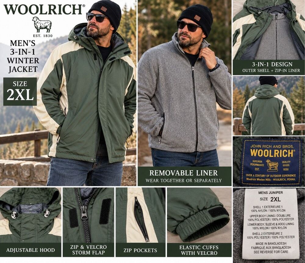 Men’s Woolrich 3-in-1 Winter Coat Green Grey Vintage XXL